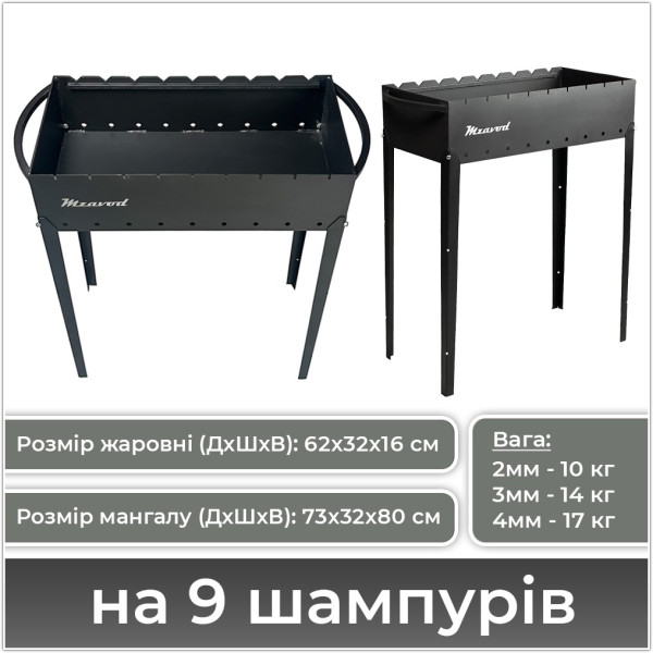 Мангал на 6, 9, 12 шампурів (2, 3, 4 мм) зі знімними ніжками