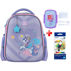 Рюкзак для школи напівкаркасний GoPack Cute Pony GO25-165S-1 фіолетовий   подарунок олівці на 12 кольорів і ланчбокс з наповненням