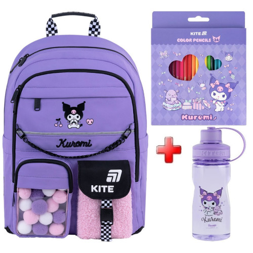 Рюкзак шкільний Kite Education Kuromi HK26-584M  подарунок пляшка та олівці  (на зріст дитини 130-145 см)